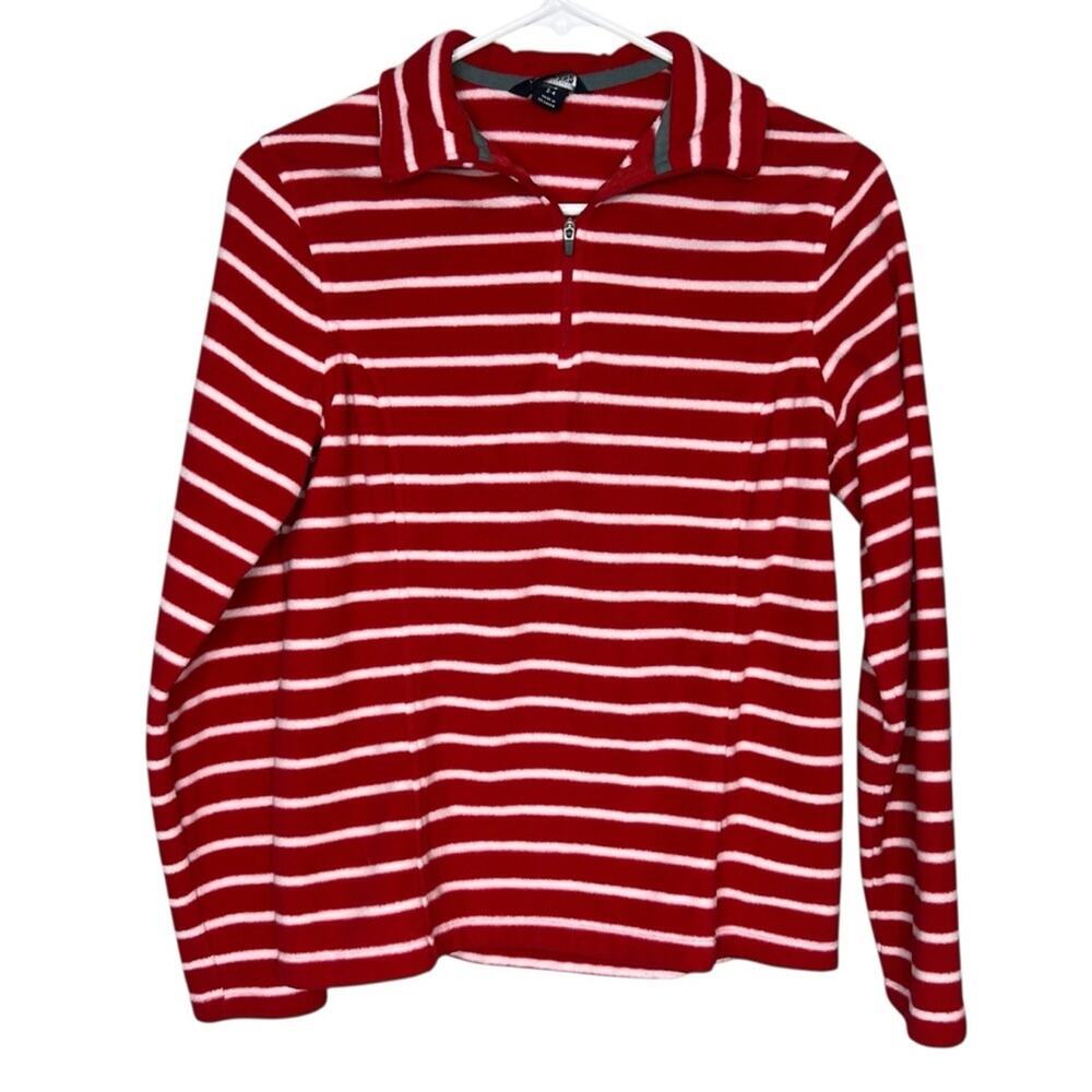 Lands’ End Women’s Red and White Striped Quarter Zip Fleece Sweatshirt Size XS - Picture 1 of 5
